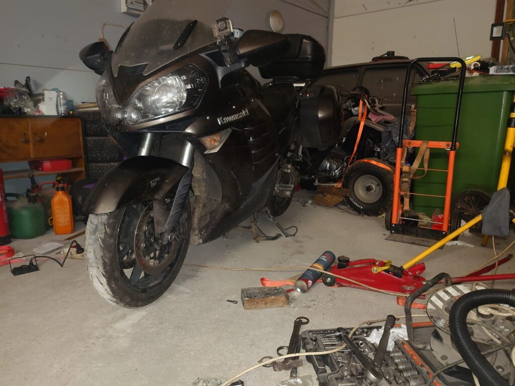 Kawasaki GTR 1400 reassembled after steering bearing replacement, ready for test ride